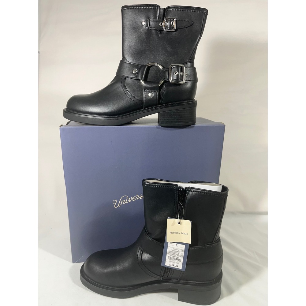 Universal Thread Conner  Faux Leather Buckle Moto Boots Memory Foam Black Sz 9